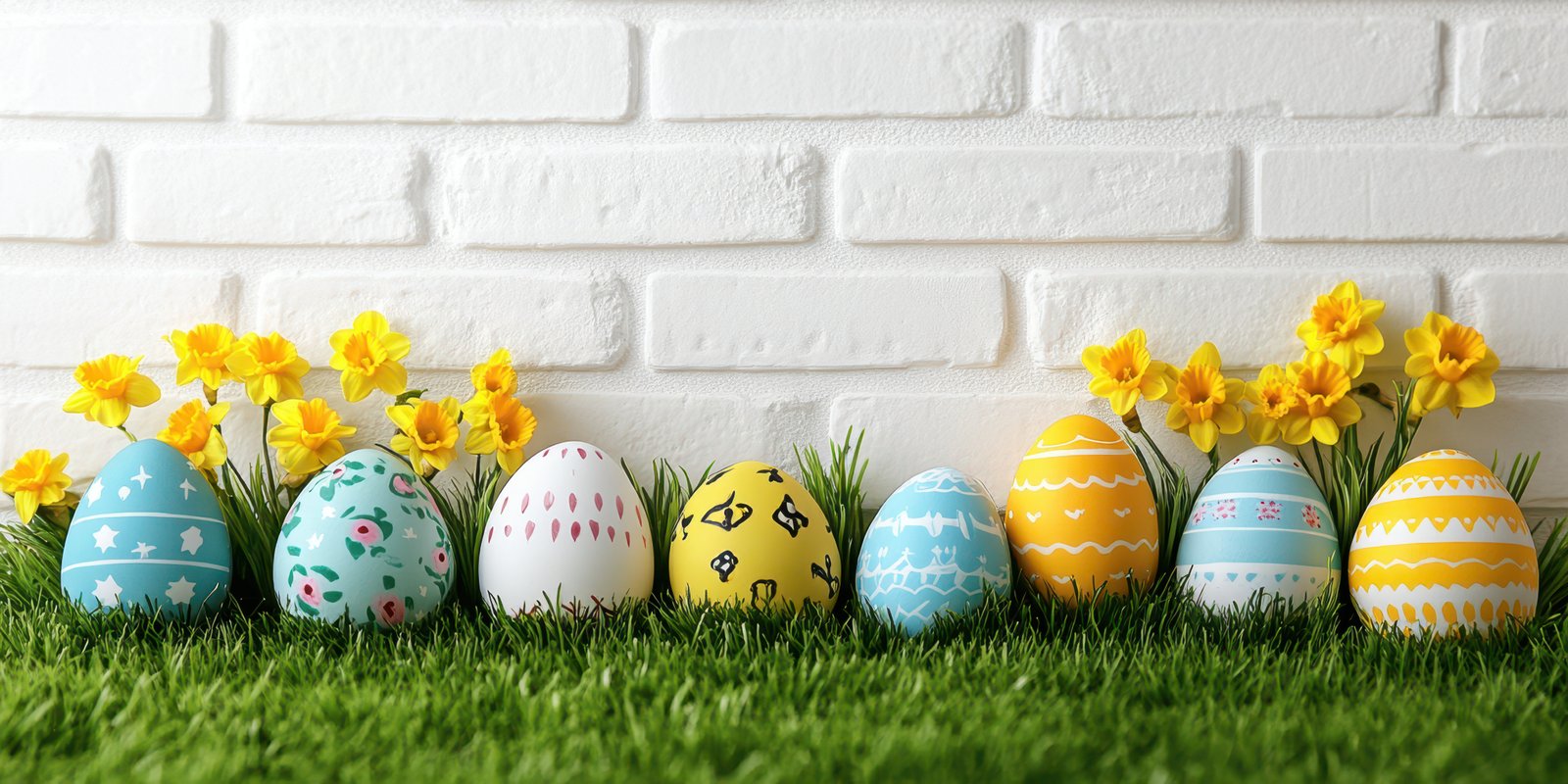 Colorful Easter eggs displayed among vibrant flowers on a white brick background in a cheerful spring setting